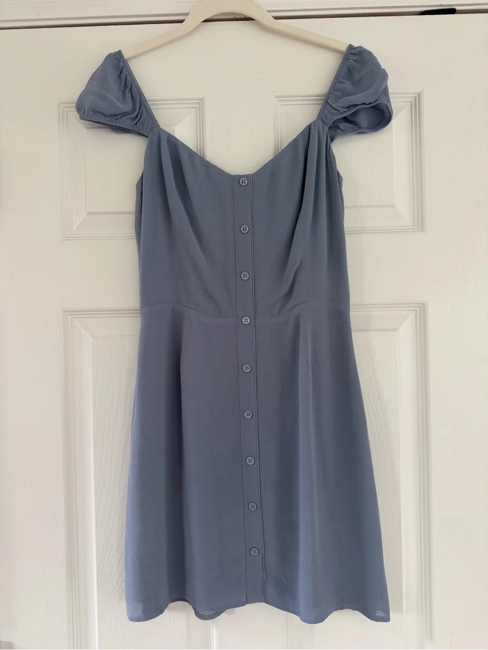 Reformation Off-Shoulder Button-Front Dress in Dusty Blue - Picture 1 of 7